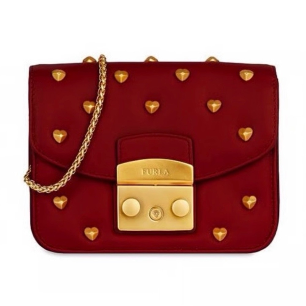 Furla red leather  Heart studded  Crossbody/clutch purse